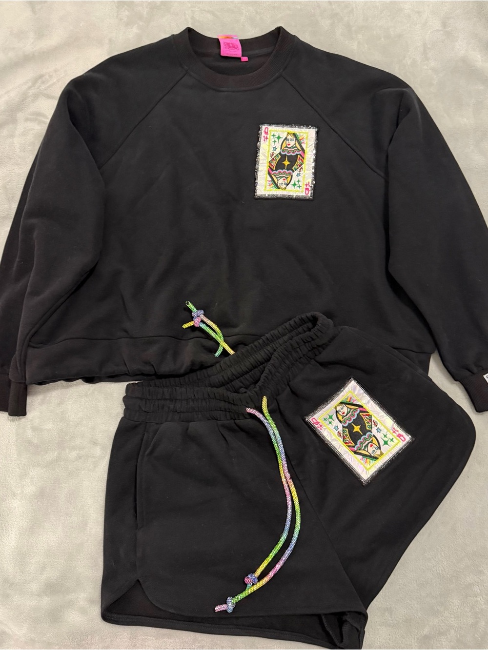 QUEEN OF SPARKLES Black Pullover Sweatshirt with Multicolor Patch & Drawcord